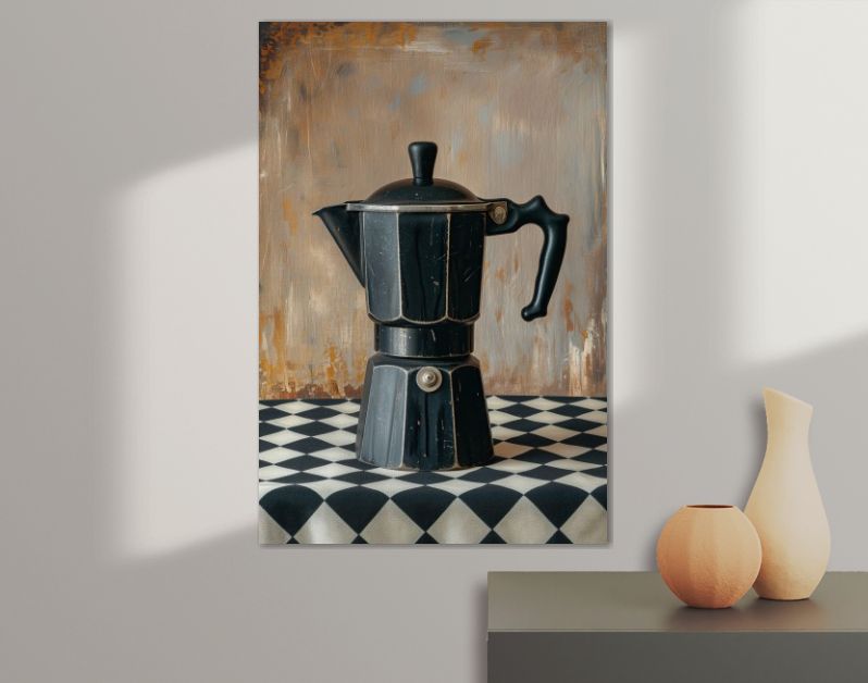 Koffie percolator zwart op geruit tafelkleed