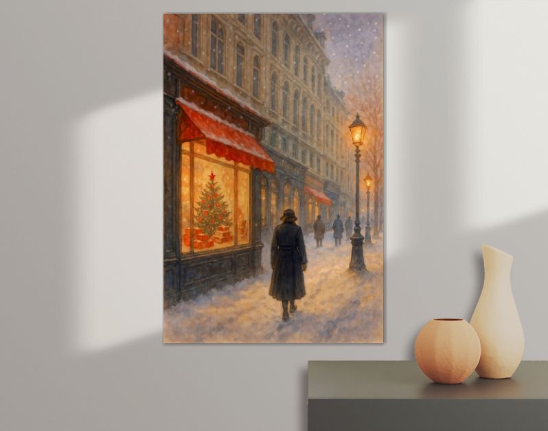 Kerstavond in de stad met verlichte etalage