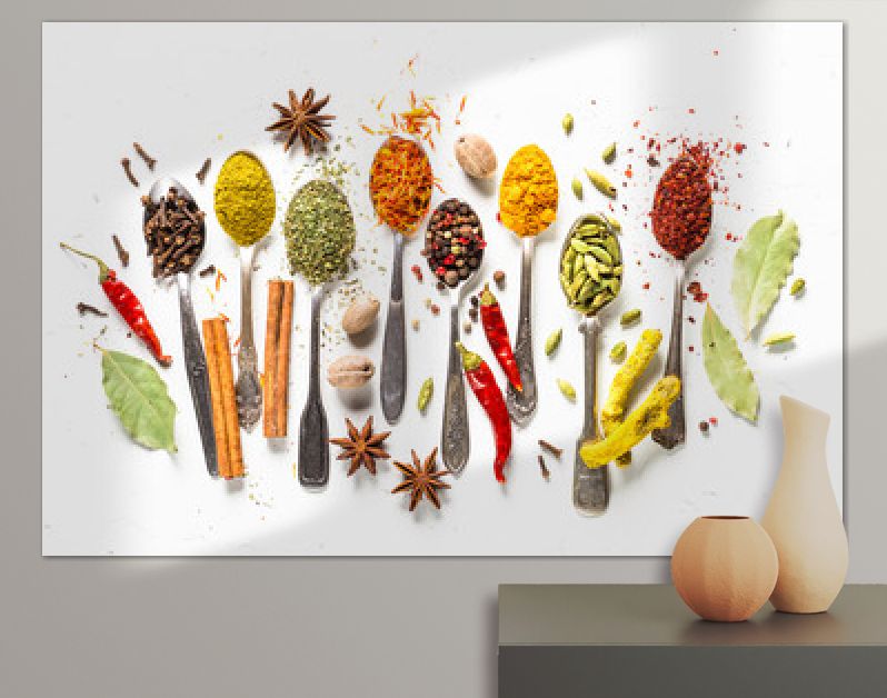 Set of various spices in spoons on white