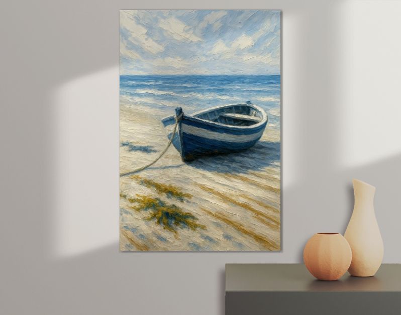 Blauwe roeiboot op rustig strand bij zee