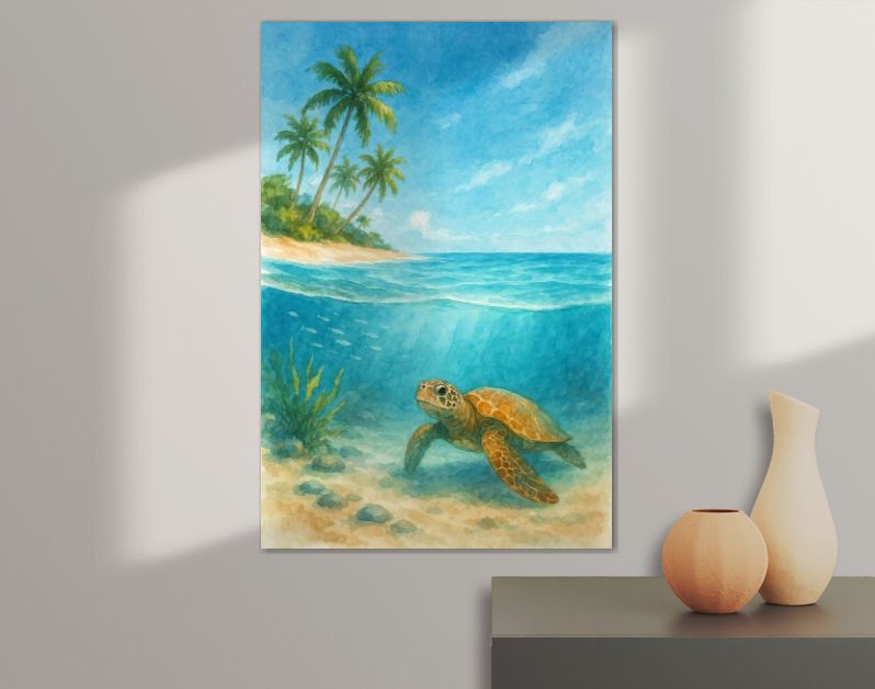 Schildpad bij tropisch strand en palmbomen