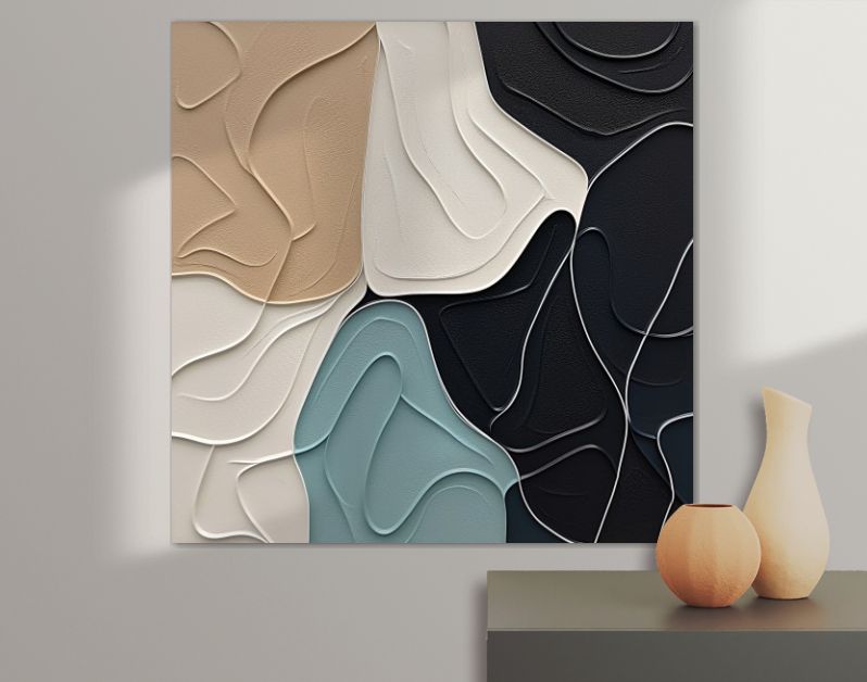 Golvende Harmonieën Minimalistische Abstracties in Beige en Teal