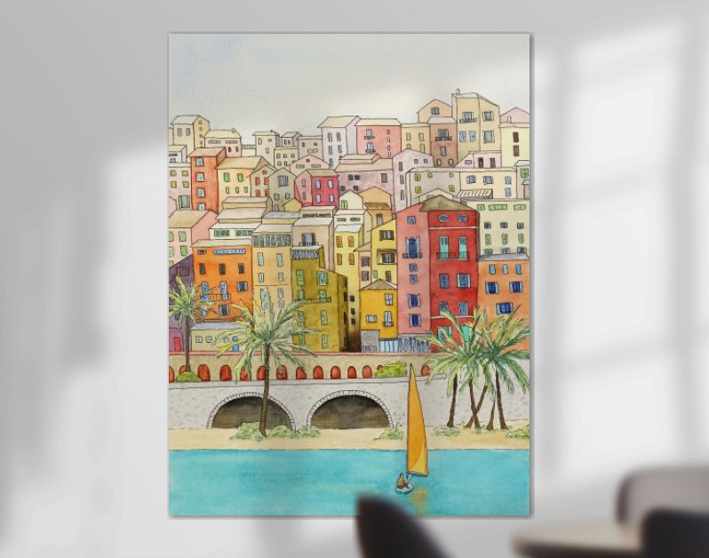 Mediterrane kuststad met zeilboot en palmbomen