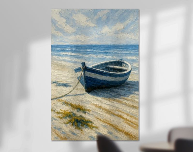 Blauwe roeiboot op rustig strand bij zee