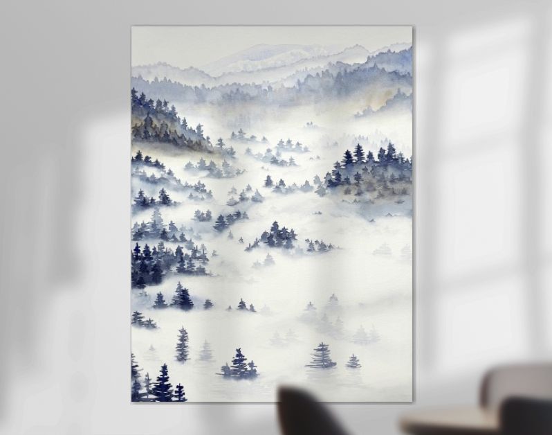 Landschap met dennenbos en ochtendmist