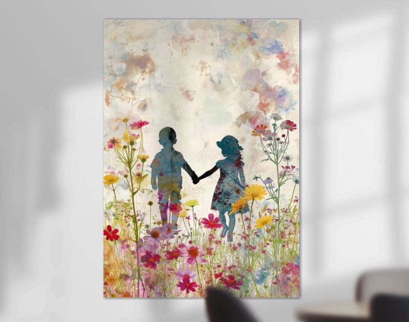 Hand in hand in het kleurrijke bloemenveld