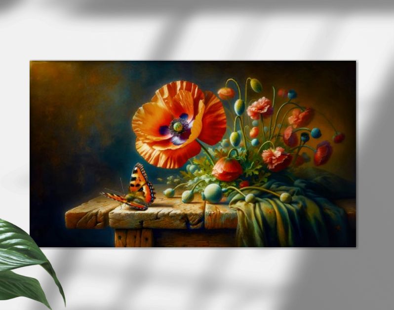 Poppies en Vlinder op de ateliertafel
