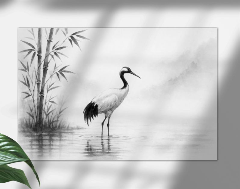 Kraanvogel aan de rivier in Japanse inkstijl