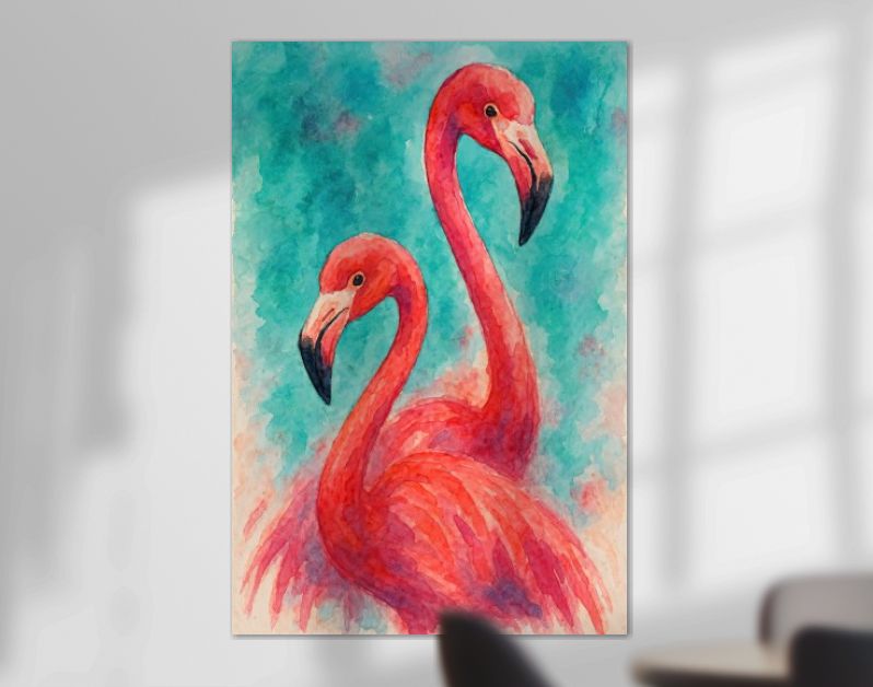Twee roze flamingo’s tegen tropische turquoise achtergrond