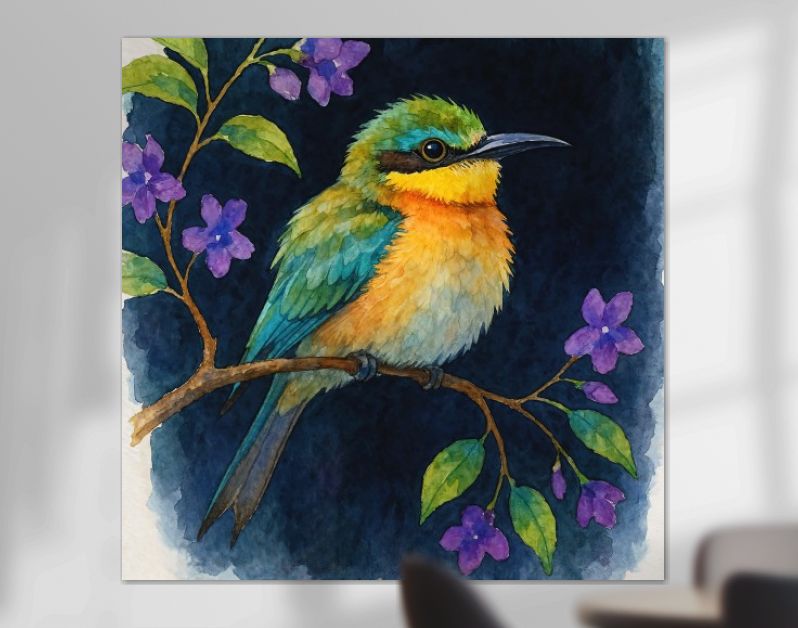 Tropische bijeneter vogel op tak met paarse bloemen