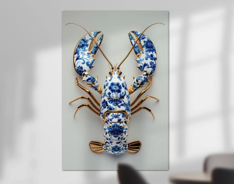 Delfts blauwe kreeft met goud op zacht salie