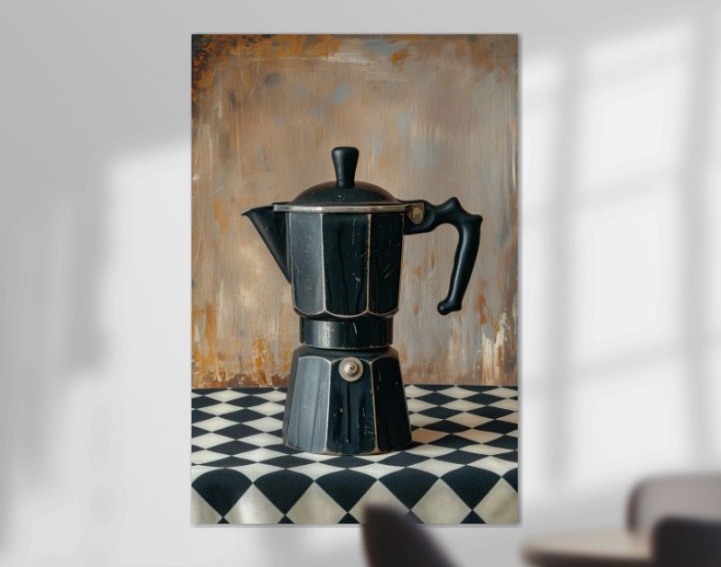 Koffie percolator zwart op geruit tafelkleed