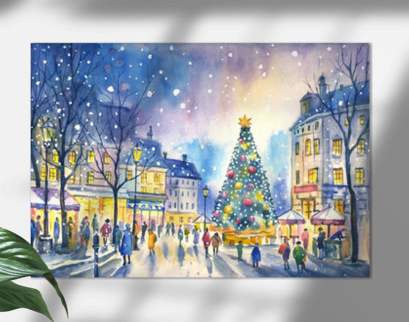 Watercolor landscape of a New Year or Christmas city with a New Year tree, houses and people.