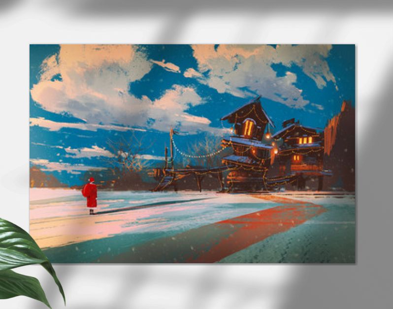 winter landscape with wooden house at Christmas night,illustration painting