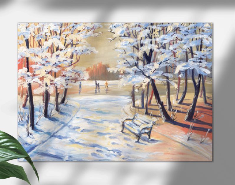 Gouache painting winter landscape with snowy trees, footpath, bench and figure skaters on a frozen river