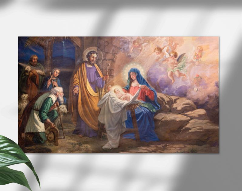 VALENCIA, SPAIN - FEBRUAR 17, 2022: The painting of Adoration of shepherds in the church San Salvador y Santa Monica from 20. cent.