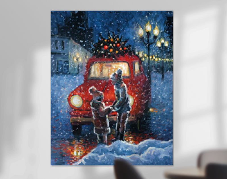 Oil painting on canvas - cheerful little boy holding his sisters hands in his arms. Christmas tree in the retro car roof. Winter snowy evening town landscape. Original Hand drawn picture on canvas.