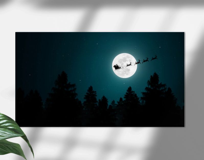 Santa Claus flying in his sleigh over the moon