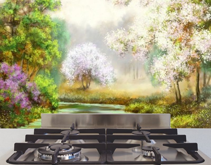 Lente, boom, rivier, schilderijen landschap