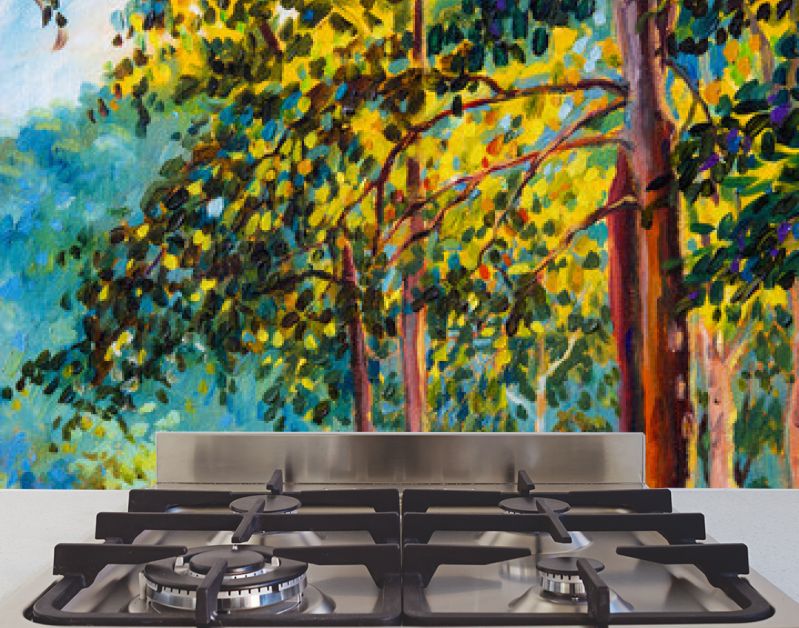 Landschap met olieverf op doek - kleurrijke herfstbomen.