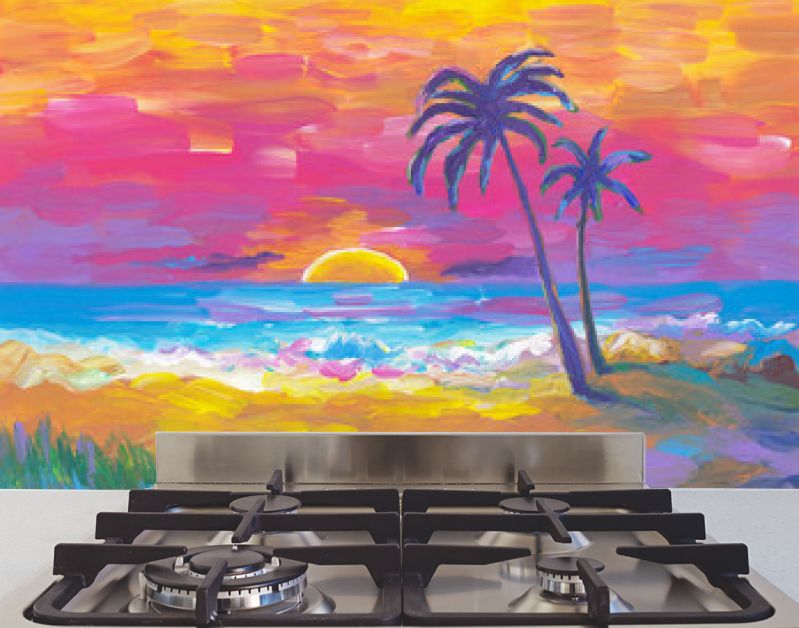 Palmenstrand, zonsondergang, zand, oceaan. Kust landschap. Abstract olieverfschilderij