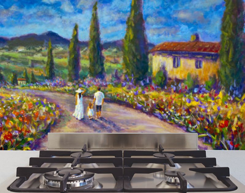 Impressionisme kunst schilderij gelukkige familie in witte kleren wandelen langs de weg. Vader, moeder en dochter zijn op weg van het Italiaanse Toscaanse natuurlandschap van de zomer. Cipressen, rode bloemen,