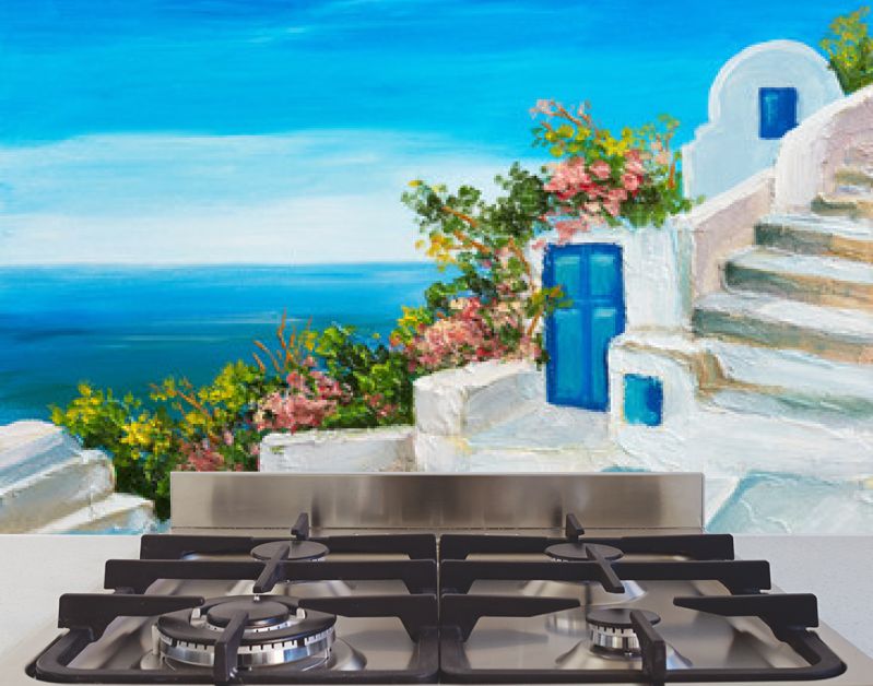 olieverfschilderij - huis in de buurt van de zee, kleurrijke bloemen, zomerzeegezicht