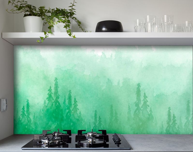 Aquarel groep bomen - spar, dennen, ceder, spar. groen bos, landschap, boslandschap. Tekening op witte geïsoleerde achtergrond. Mistig bos in nevel. Ecologische affiche. Aquarel schilderij