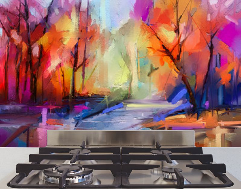 Olieverf schilderij kleurrijke herfst bomen. Semi abstract beeld van bos, landschappen met geel - rood blad en meer. Herfst, herfst seizoen natuur achtergrond. Met de hand geschilderd impressionistisch, buitenlandschap