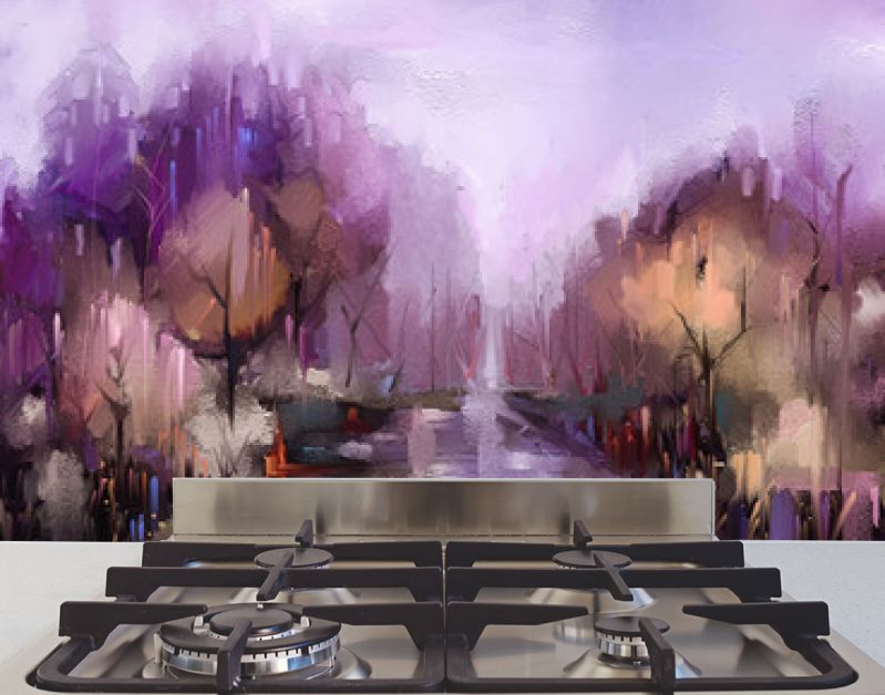 Olieverf schilderij kleurrijke herfst bomen. Vintage verfkleurenafbeelding van landschap, bos met geel, rood blad en meer. Herfst, herfst seizoen natuur achtergrond. Met de hand geschilderd impressionistisch, buitenlandschap