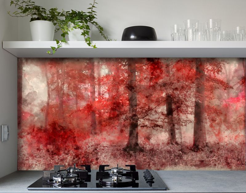 Aquarel schilderij van mooie surrealistische alternatieve kleur fantasie herfst herfst boslandschap conceptuele afbeelding