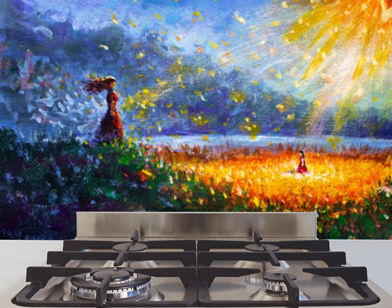 Schilderij olie - Gloeiende bloem, klein meisje en vrouw moeder - Sprookjesachtige illustratie - moderne kunst impressionisme abstract landschap acrylverf kunstwerk