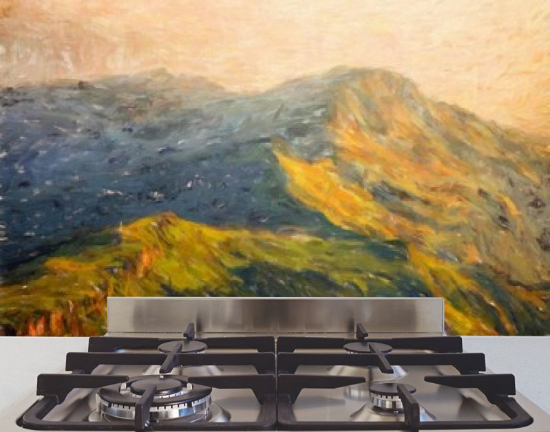 Digitale bergen bekijken olieverfschilderij met echt penseelstreken effect. Hedendaagse impressionistische kunst aan de muur in gemengde stijl. Kracht van de natuurscène. Vakantie ansichtkaarten en prints ontwerp. Schoonheid kunstwerk.