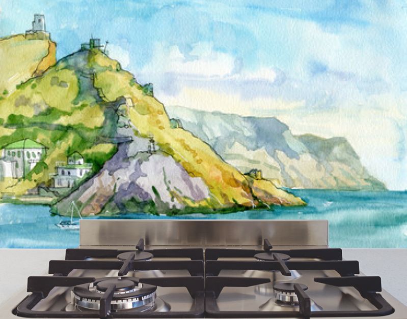 Landschap. Zeegezicht. Waterverf. Zee, rotsen, bergen, haven, schepen. Bivakmuts, Sebastopol, Krim. reizen. Toerisme.