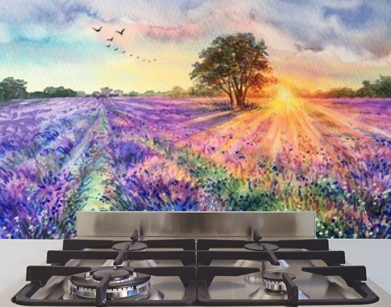 Aquarel lavendelveld. Zonsondergang lavendelveld. Violette achtergrond. Frankrijk Provence. Lente zomer briefkaart banner. Geurige bloemen. Aroma