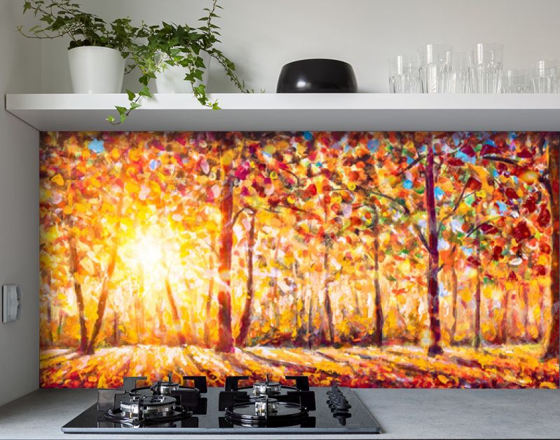 Herfstpanorama. Origineel olieverfschilderij op canvaskunst. Zonnige herfst bos bomen. Modern impressionisme. Herfst goud geel oranje rood bomen park in zonlicht landschap kunstwerk acryl schilderen
