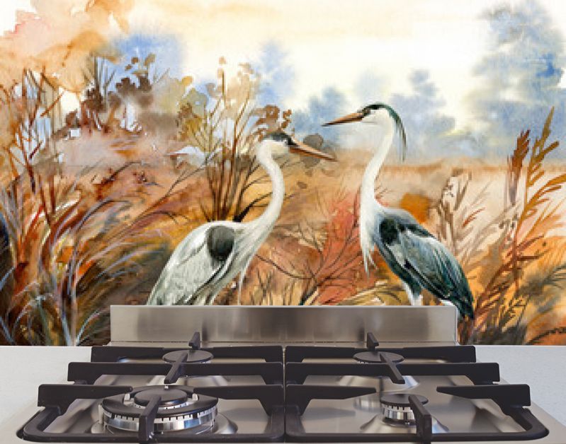 herfstlandschap met kraanvogel, aquarel illustratie