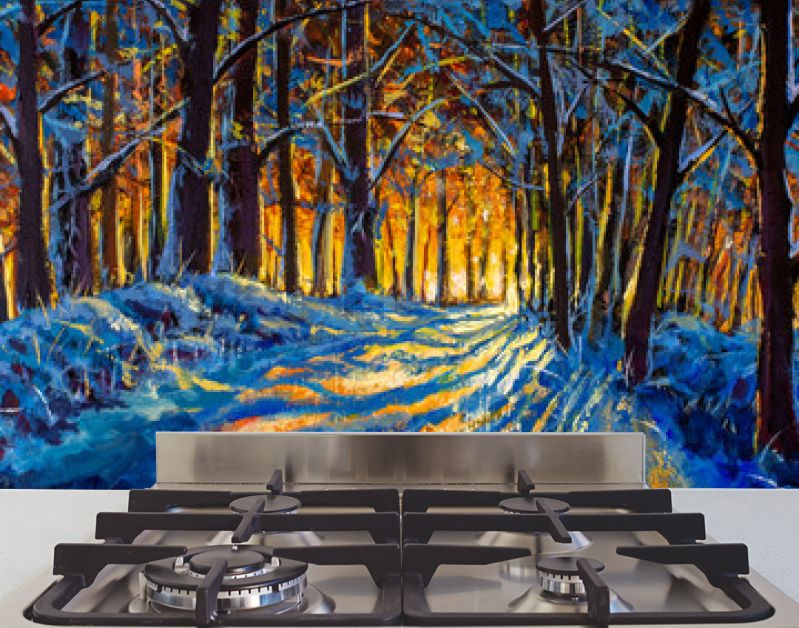 Olieverfschilderij met acryl aquarel. Winterbos. Zonnige winter bos hout landschap illustratie kunstwerk natuur.