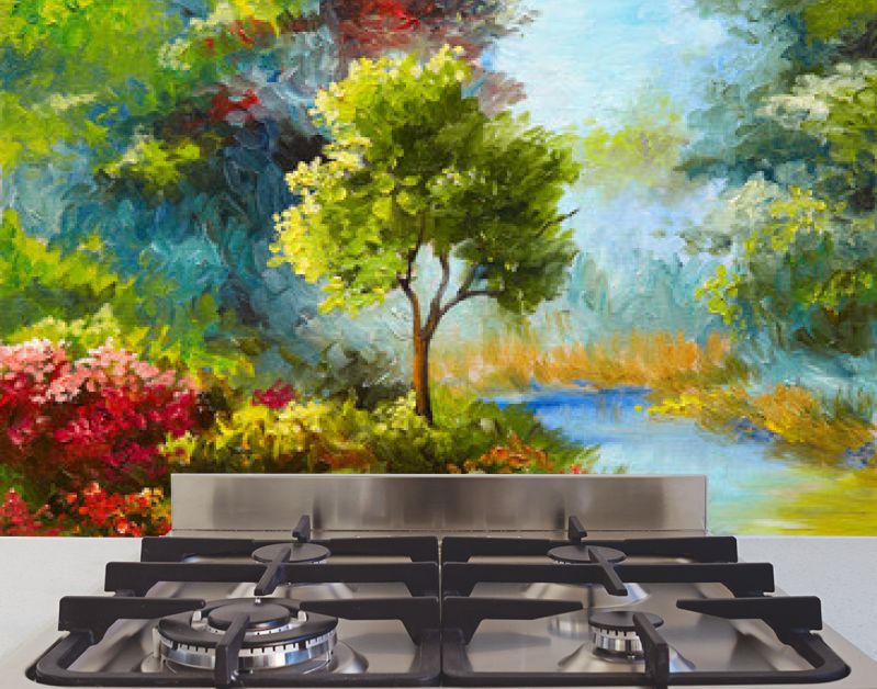 olieverfschilderij, bloemen en bomen bij de rivier, zonsondergang