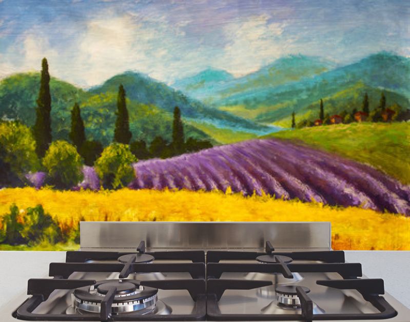 Olieverfschilderij Italiaans zomerlandschap. Lavendel paars veld. Frans Toscane. Veld van gele rogge. Landelijke huizen