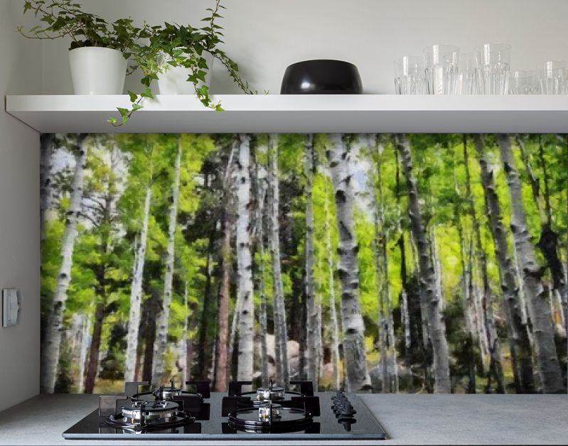 Hand tekenen van aquarel kunst op canvas. Artistieke grote print. Origineel modern schilderij. Acryl droge borstel achtergrond. Mooie zomerse landschap. Reis uitzicht. Groene bosboom. Wild natuur