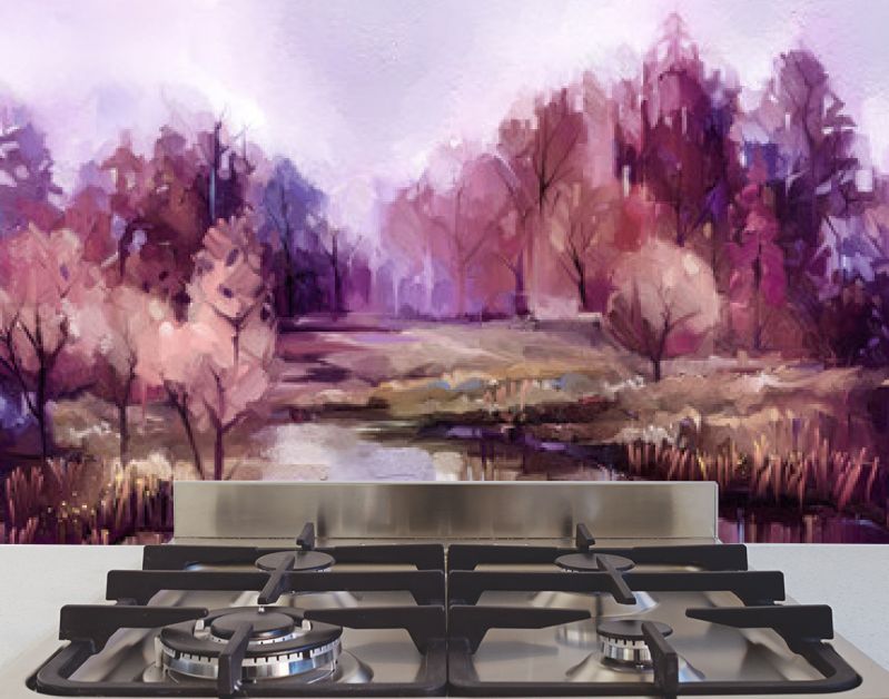 Olieverf schilderij kleurrijke herfst bomen. Vintage verfkleurenafbeelding van landschap, bos met geel, rood blad en meer. Herfst, herfst seizoen natuur achtergrond. Met de hand geschilderd impressionistisch, buitenlandschap