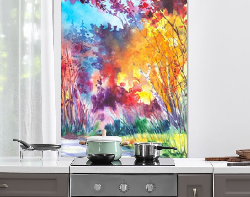 Waterverfillustratie van een prachtig helder herfstboslandschap