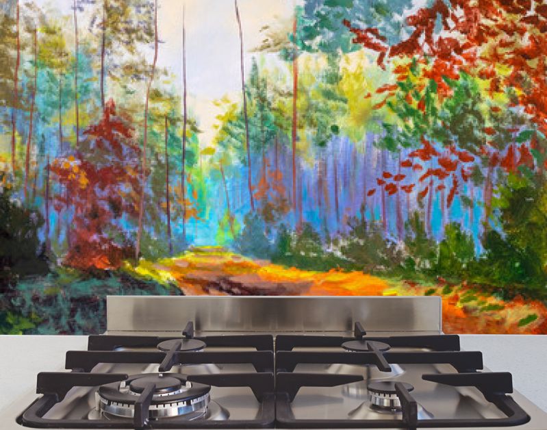 Impressionisme modern olieverfschilderij herfst bos park steegje zonlicht landschap kunstwerk. Zonnige kunst