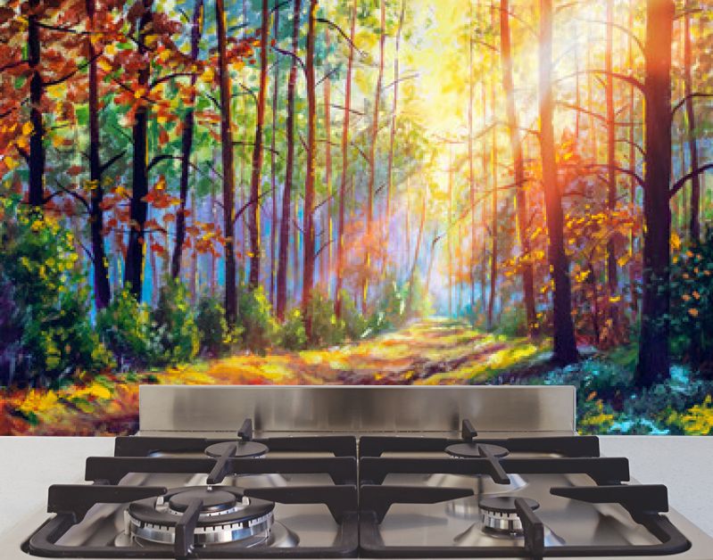 Origineel olieverfschilderij prachtig bos in de herfst, schilderachtig landschap met aangename warme zonneschijn beeldende kunst