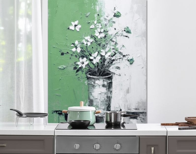 Bloemenpracht in Groene Vaas Iconische Impasto in Zwart-Wit