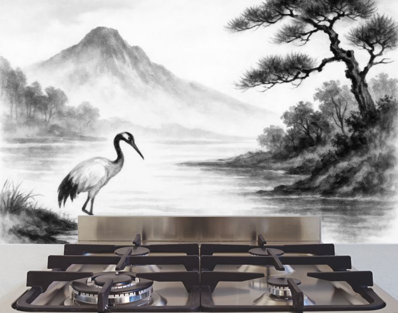 Japandi landschap met kraanvogel en bergen