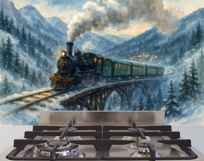 Winterse stoomtrein over brug in berglandschap