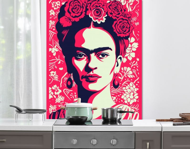 Het Iconische Gezicht, Frida's Kracht in diep rood en zwart