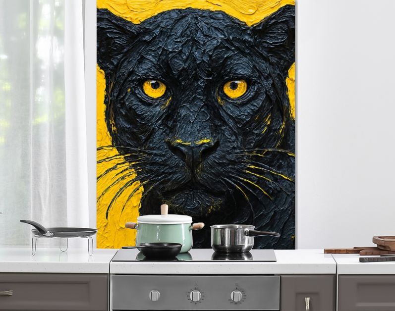 Close-up van zwarte panter in krachtig zwart-geel contrast